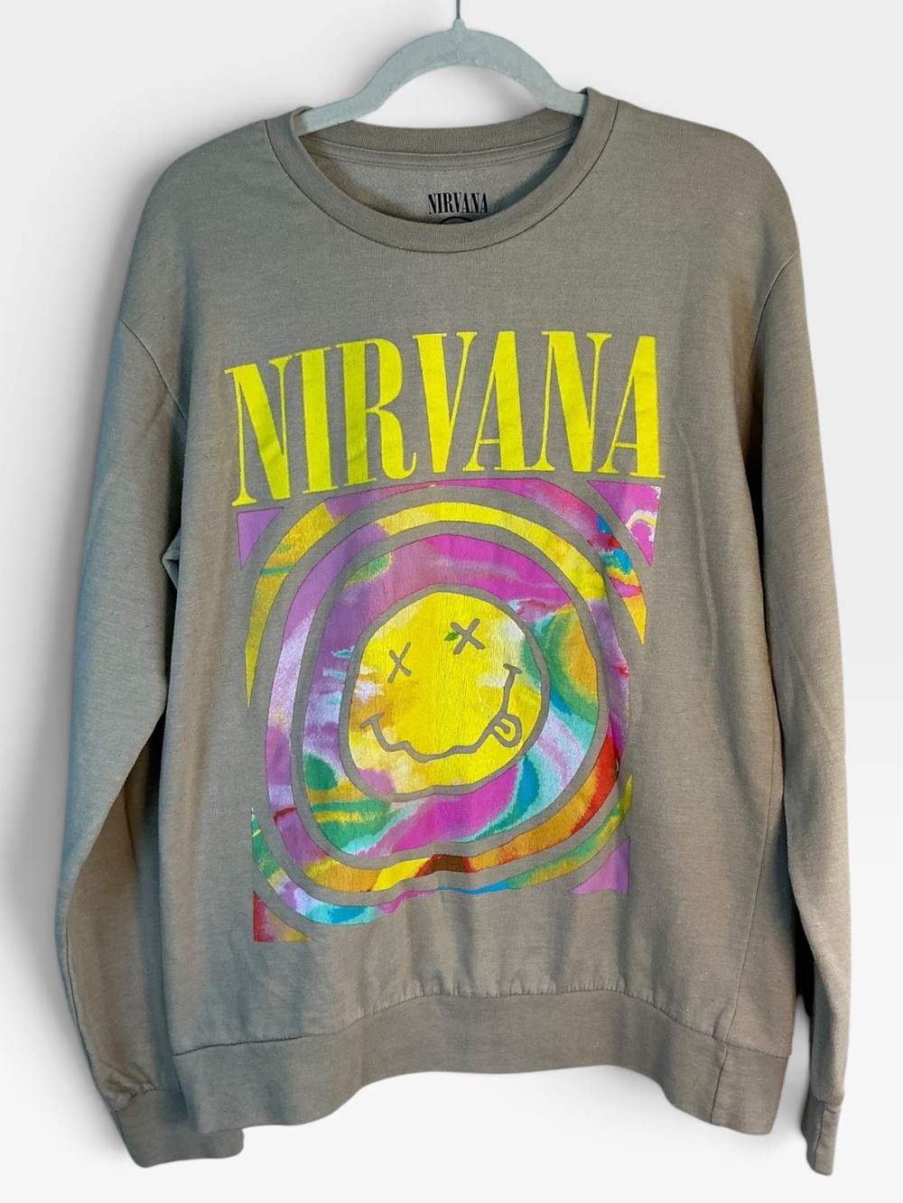 Nirvana Smiley Face Tie Dye Graphic Crewneck Sweatshirt Tan Women's M